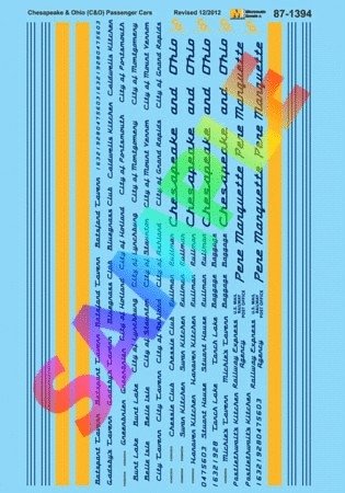 Railroad Decal Set -- Chesapeake & Ohio Streamlined Passenger Cars, HO, Microscale Industries Inc 871394