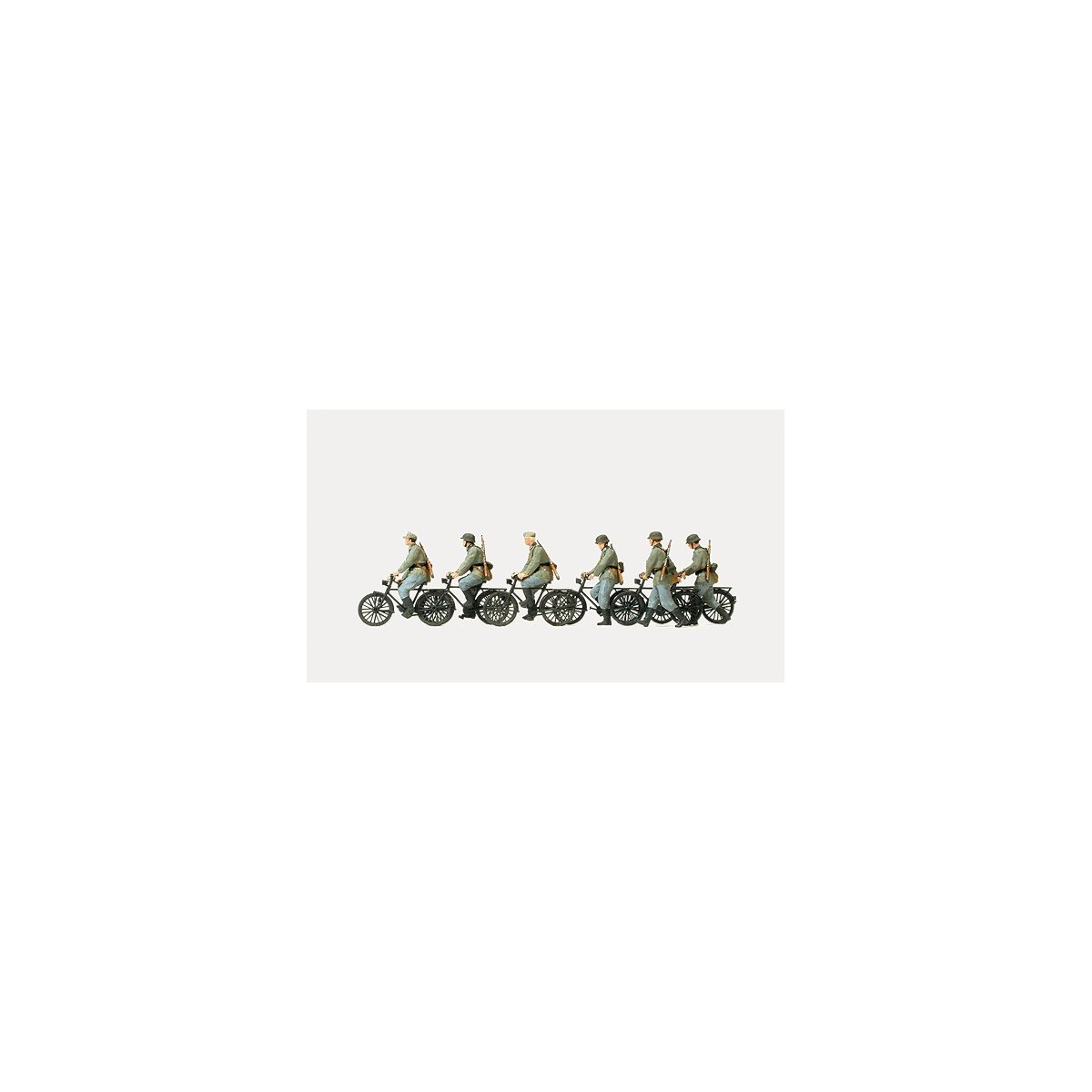 Former German Army WWII - Unpainted Figures -- Bicycle Unit Cycling & Walking, 6 Figures & 6 Bicycles, HO, Preiser Kg 16596