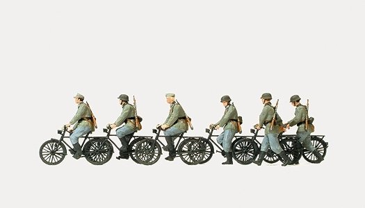 Former German Army WWII - Unpainted Figures -- Bicycle Unit Cycling & Walking, 6 Figures & 6 Bicycles, HO, Preiser Kg 16596