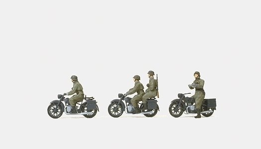 Former German Army WWII - Motorcycle Troops -- Motorcycle Crew w/BMW R 12 Motorcycles (Unpainted), HO, Preiser Kg 16598