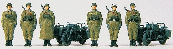 Former German Army WWII Motorcycle Troops (Plastic Kit) -- 2 Zundapp S 750 Cycles w/Sidecars & 6 Figu, HO, Preiser Kg 16571