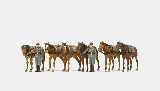 Former German Army WWII - Unpainted Figures -- Soldiers Holding Standing Draft Horses, 2 Figures & 6 , HO, Preiser Kg 16597