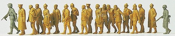 Military - Former German Army WWII - Unpainted Figure Set -- 2 Guards Escorting 17 Russian Prisoners, HO, Preiser Kg 16577