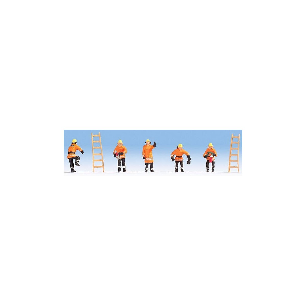 Firefighters w/Ladders -- 5 Figures (orange coats) & 2 Ladders, HO, Noch Gmbh & Co 15022