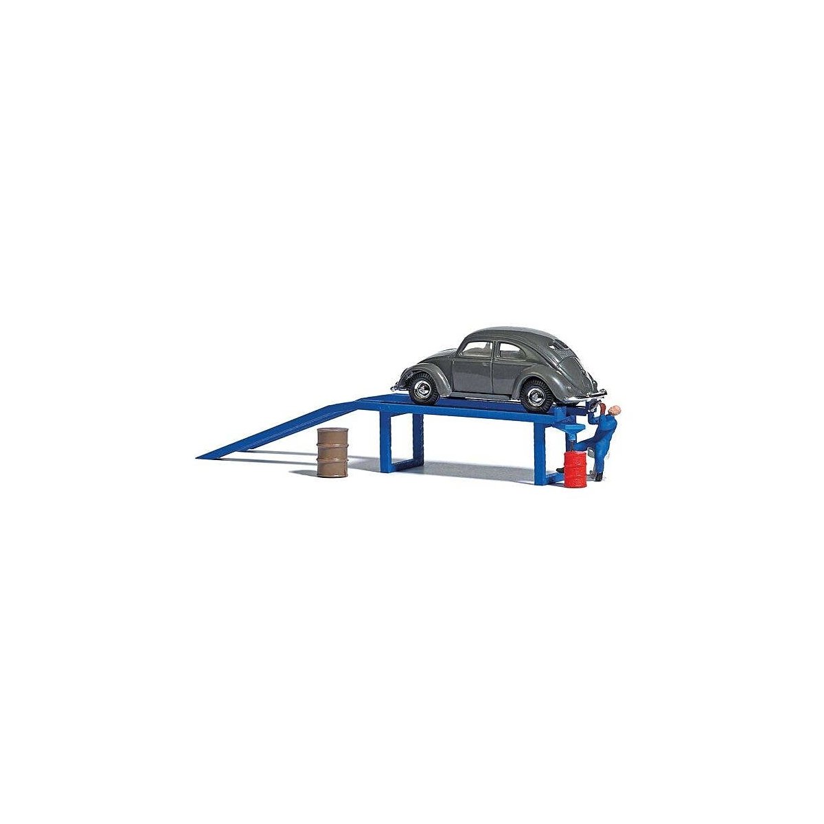 Complete Miniature Scene -- Oil Change Ramp, VW Old Beetle, Barrels, Figure, HO, Busch Gmbh & Co Kg 7829