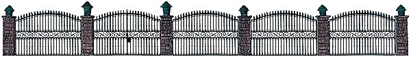 Wrought Iron Fence w/Brick Posts -- 25-1/2′ 65cm, HO, Busch Gmbh & Co Kg 6016