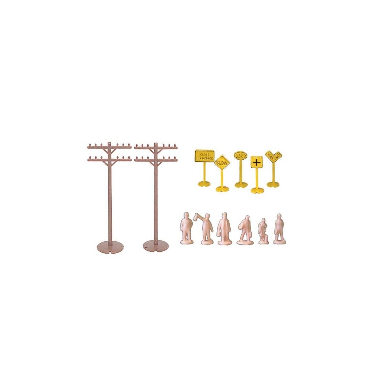 Layout Accessories Assortment -- 12 Telephone Poles, 24 Signs & 24 Unpainted Figures, HO, Bachmann Industries 42104