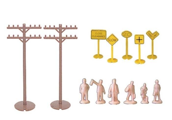 Layout Accessories Assortment -- 12 Telephone Poles, 24 Signs & 24 Unpainted Figures, HO, Bachmann Industries 42104