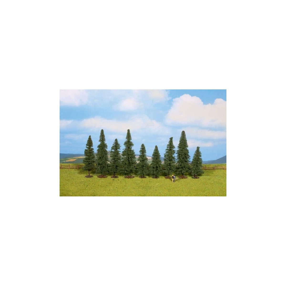 Fir Trees pkg(9) -- 3-1/8 to 4-3/4′ 8 to 12cm Tall w/Flat Base, HO, Walthers SceneMaster 1160