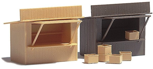 2 Stands/Market Stalls w/Crates -- Kit, HO, Busch Gmbh & Co Kg 1055