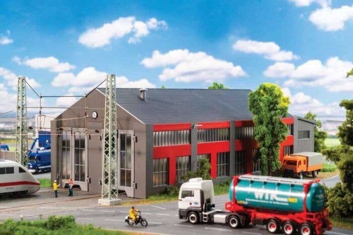 2-Stall Electric Locomotive Shed -- Kit - 15-7/8 x 7-11/16 x 5-1/8′ 40.4 x 19.5 x 13cm, HO, Faller Gmbh 120079