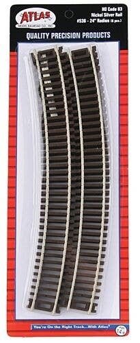 Code 83 Curved Snap Track -- 24′ Radius w/Brown Ties pkg(6), HO, Atlas Model Railroad Co. 536