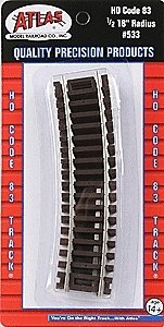 Code 83 Curved Snap Track -- 1/2 Section - 18′ Radius pkg(4), HO, Atlas Model Railroad Co. 533