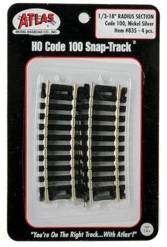 Code 100 Curved Snap-Track(R) Nickel-Silver Rail -- 1/3 Section, 18′ Radius (Black Ties) , HO, Atlas Model Railroad Co. 835