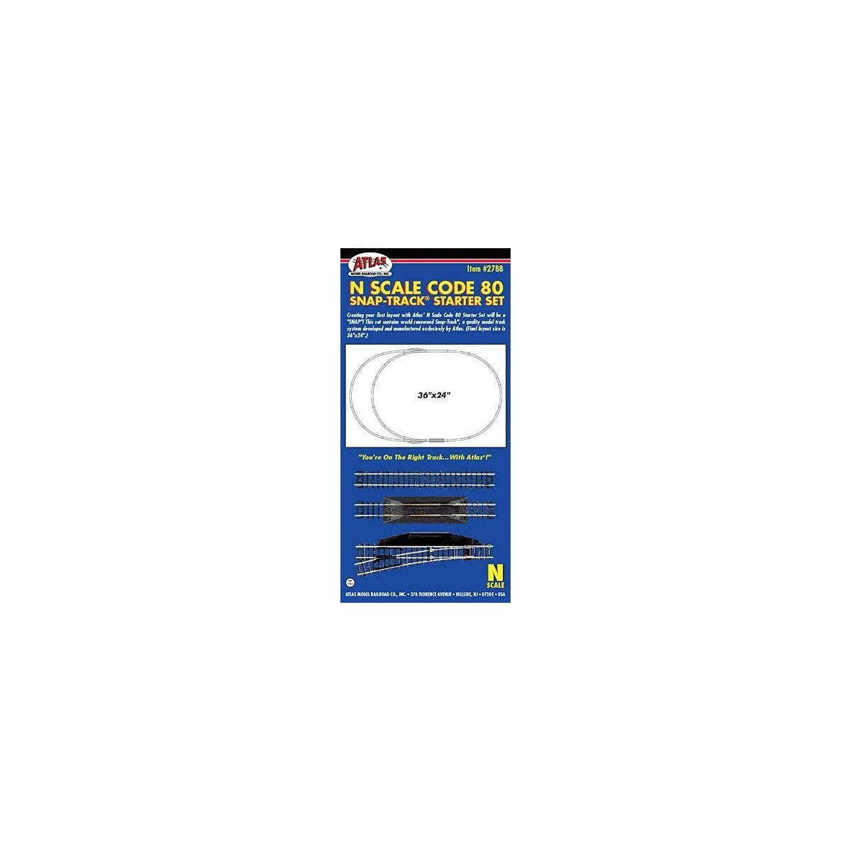 Code 80 Snap Track(R) Starter Set -- 36 x 24′ 91.4 x 61cm Oval w/Siding & Terminal Joine, N, Atlas Model Railroad Co. 2788