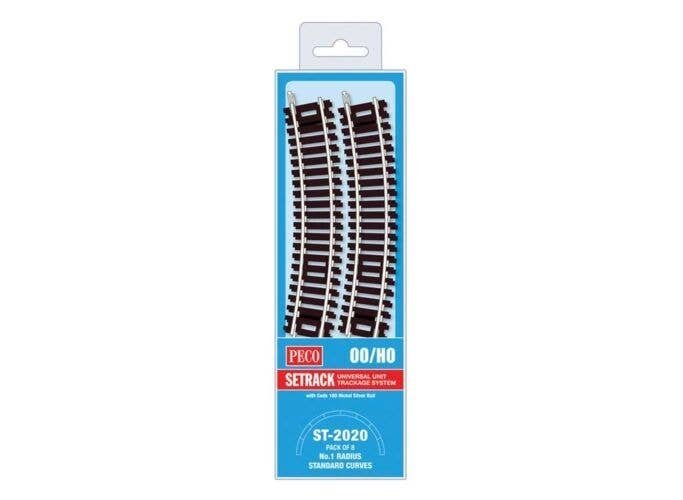 Code 100 Nickel Silver Standard 22.5 Degree Curved Section - Setrack -- 14-5/8′ 37.1cm (1st) Radius pkg(8, HO, Peco ST2020