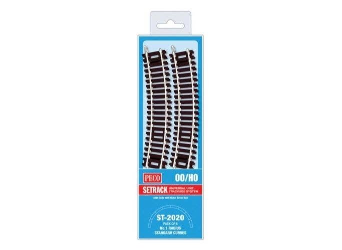 Code 100 Nickel Silver Standard 22.5 Degree Curved Section - Setrack -- 14-5/8′ 37.1cm (1st) Radius pkg(8, HO, Peco ST2020