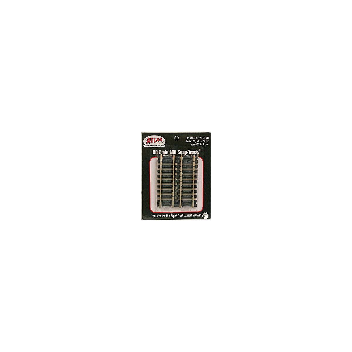 Straight Snap-Track(R) Nickel-Silver Rail -- 3′ 7.6cm (Black Ties) pkg(4), HO, Atlas Model Railroad Co. 823