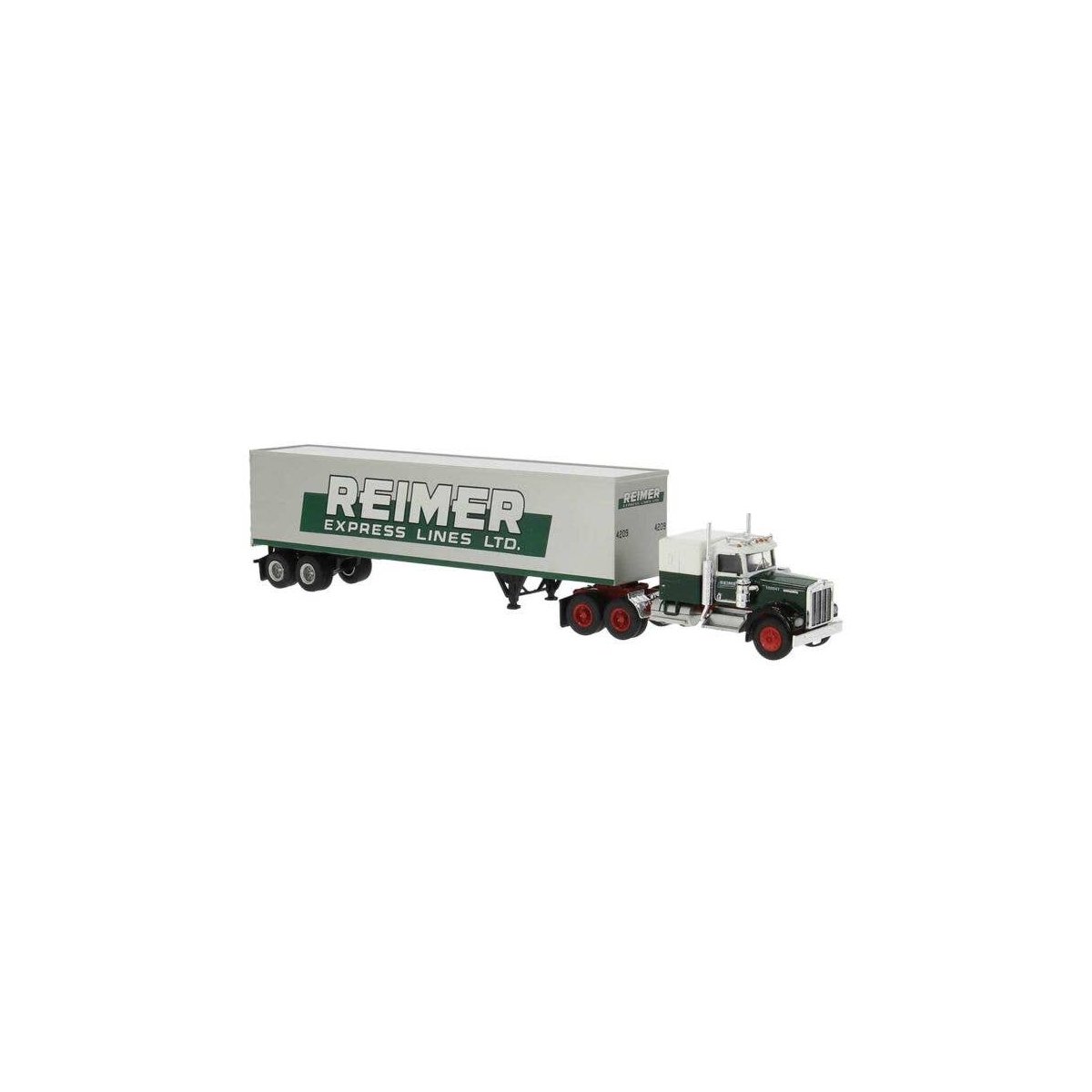 Kenworth W900 Semi Tractor w/Sleeper Cab and Van Trailer - Assembled -- Reimer (white, green, HO, Brekina Automodelle 86258