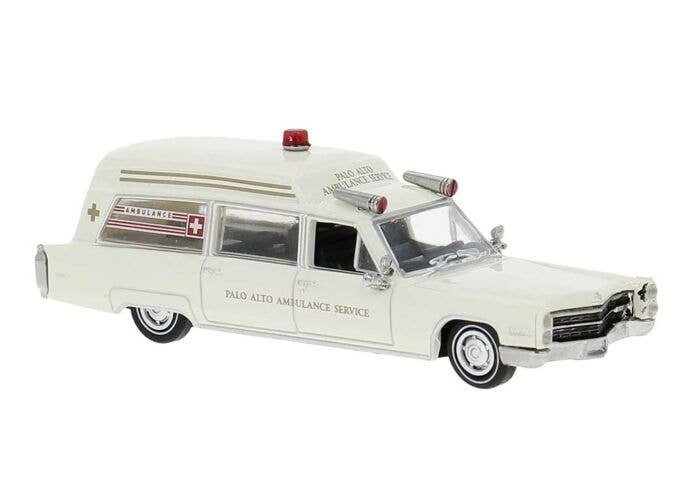 1966 Cadillac Meteor Ambulance - Assembled -- Palo Alto Ambulance (cream), HO, Brekina Automodelle 19778