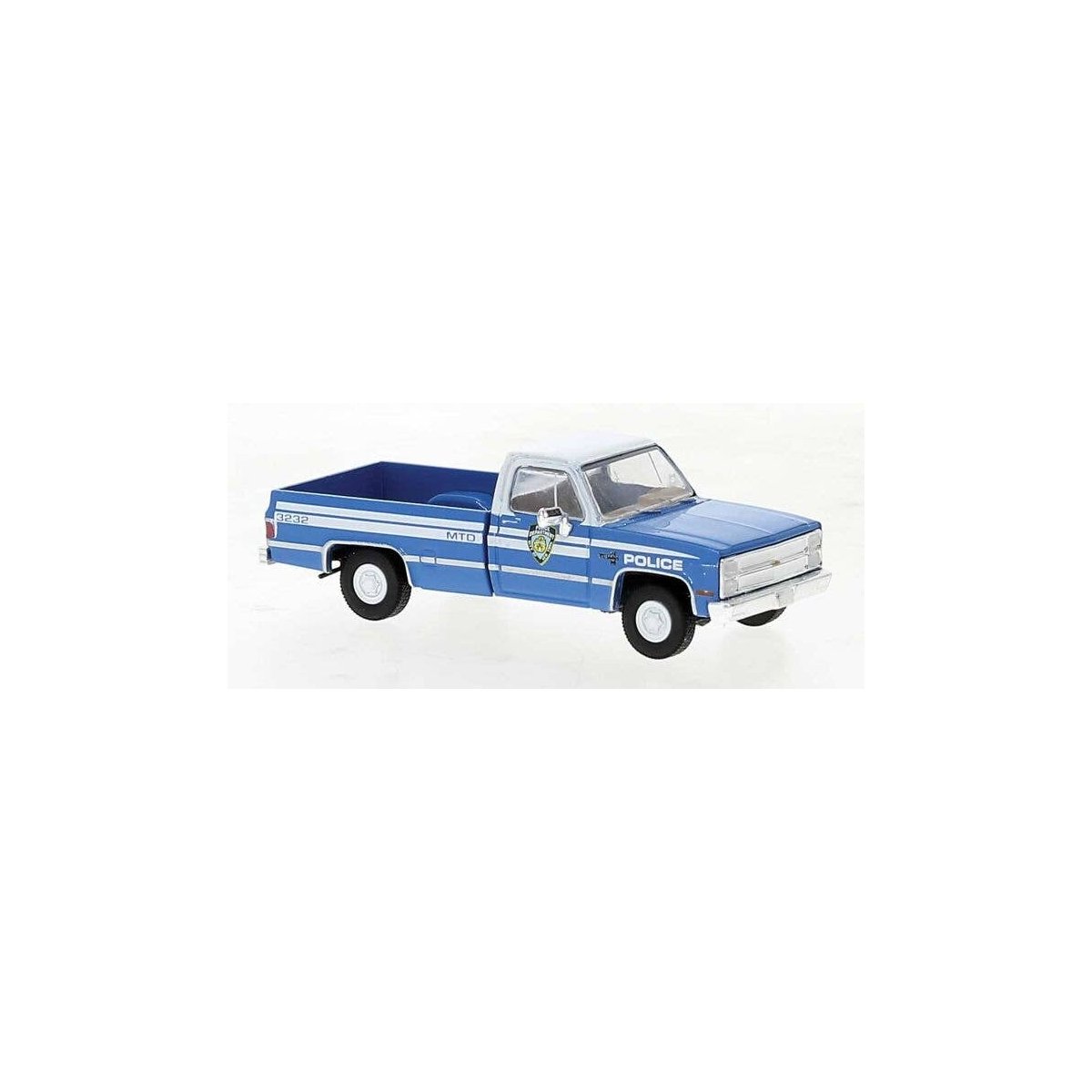 1981 GMC Sierra Grande C10 Pickup Truck - Assembled -- New York Police Department (blue, whi, HO, Brekina Automodelle 19654