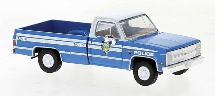 1981 GMC Sierra Grande C10 Pickup Truck - Assembled -- New York Police Department (blue, whi, HO, Brekina Automodelle 19654
