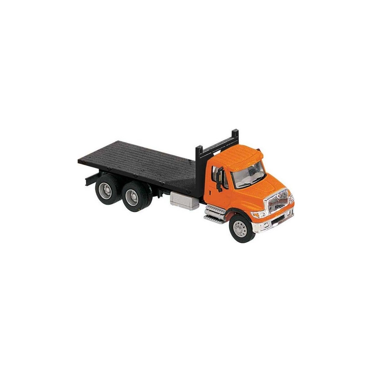 International(R) 7600 3-Axle Flatbed Truck - Assembled -- Orange Cab, Black Flatbed, HO, Walthers SceneMaster 11651
