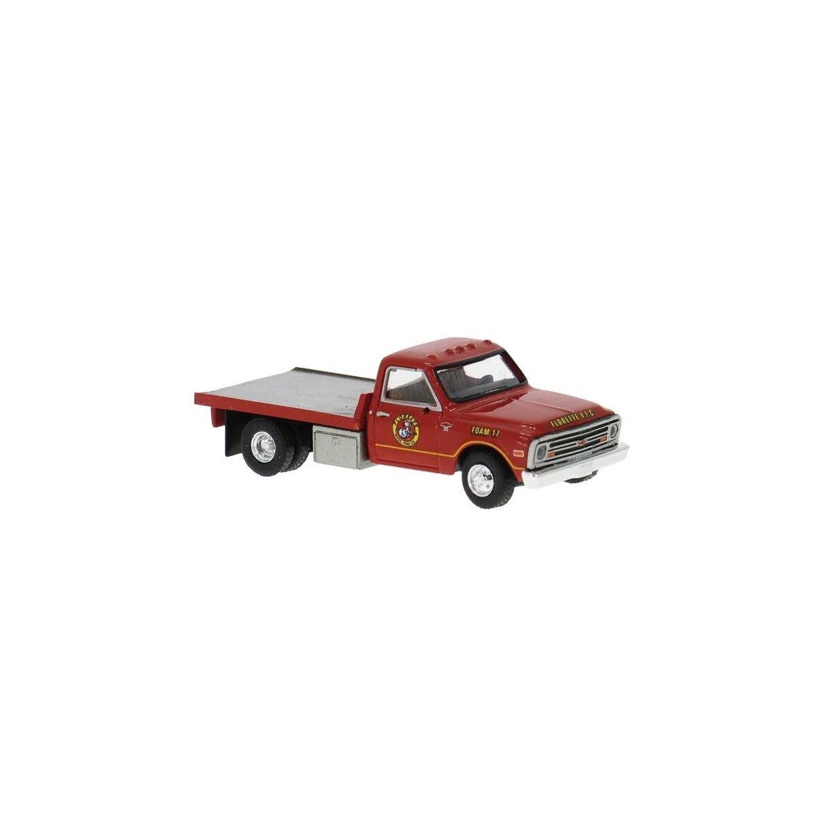 1981 GMC Sierra Grande Flatbed Truck - Assembled -- Slorette Fire Department Foam 17 (red, y, HO, Brekina Automodelle 19671