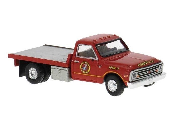 1981 GMC Sierra Grande Flatbed Truck - Assembled -- Slorette Fire Department Foam 17 (red, y, HO, Brekina Automodelle 19671