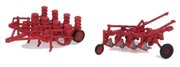 Farm Plow and Planter - Assembled -- Red, HO, Walthers SceneMaster 4162