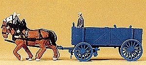 Horse-Drawn Wagon -- Ore Wagon w/Driver & Horses - Assembled, HO, Preiser Kg 30468