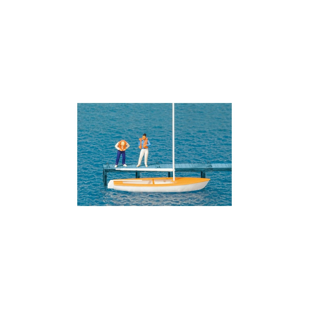 Korsar Sailboat w/2 Sailors Putting On Life Jackets -- Sails Down (white, yellow), HO, Preiser Kg 10678