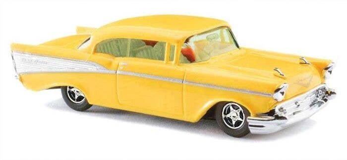1957 Chevrolet Bel Air Coupe - Assembled -- Yellow, White, HO, Busch Gmbh & Co Kg 45026