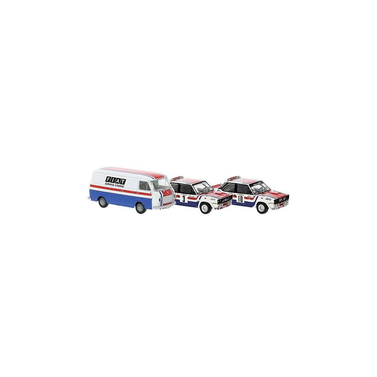 Korsika 78 Race Set - Assembled -- Fiat Service Van, 2 Fiat 131 Abarth (10, 3, white, blue, , HO, Brekina Automodelle 22664