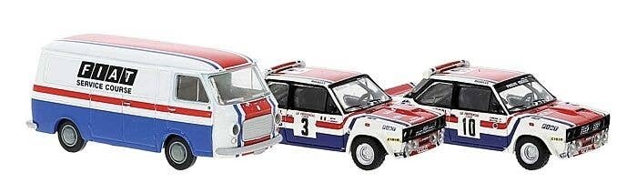 Korsika 78 Race Set - Assembled -- Fiat Service Van, 2 Fiat 131 Abarth (10, 3, white, blue, , HO, Brekina Automodelle 22664