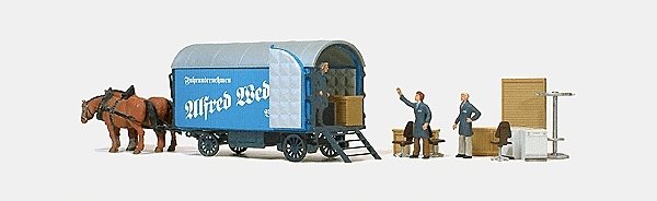 Working People -- Moving Wagon with 2 Horses, Figures & Accessories, HO, Preiser Kg 30494