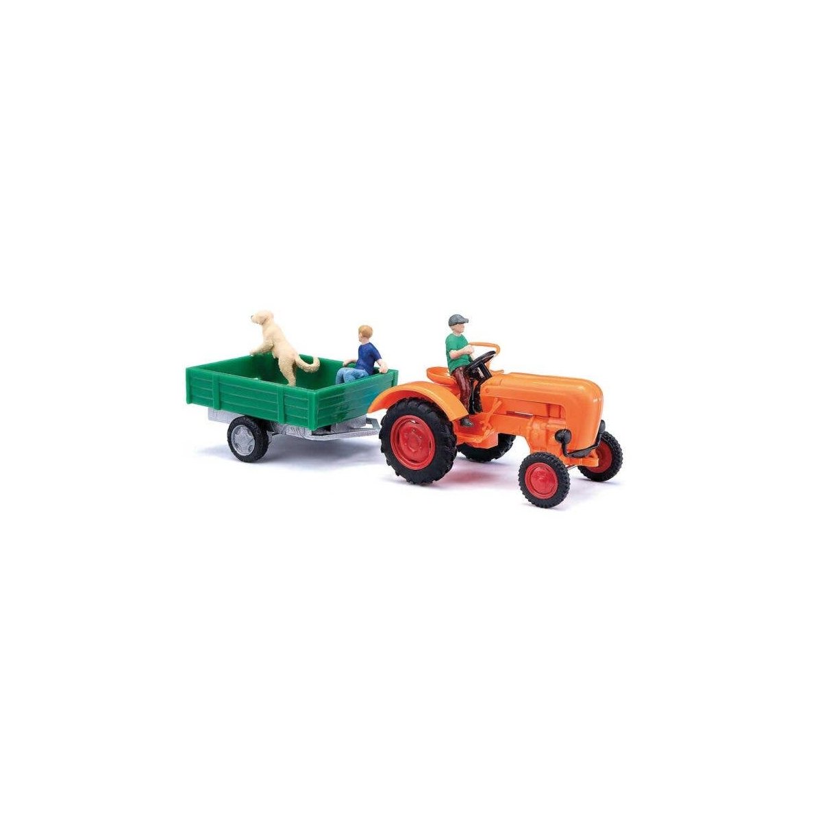 1955 Allgaier A 111 L Farm Tractor w/Trainer and 3 Figures - Assembled -- Orange, Red w/Green, HO, Busch Gmbh & Co Kg 50052