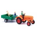 1955 Allgaier A 111 L Farm Tractor w/Trainer and 3 Figures - Assembled -- Orange, Red w/Green, HO, Busch Gmbh & Co Kg 50052
