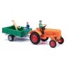 1955 Allgaier A 111 L Farm Tractor w/Trainer and 3 Figures - Assembled -- Orange, Red w/Green, HO, Busch Gmbh & Co Kg 50052