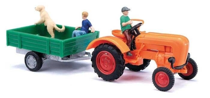 1955 Allgaier A 111 L Farm Tractor w/Trainer and 3 Figures - Assembled -- Orange, Red w/Green, HO, Busch Gmbh & Co Kg 50052