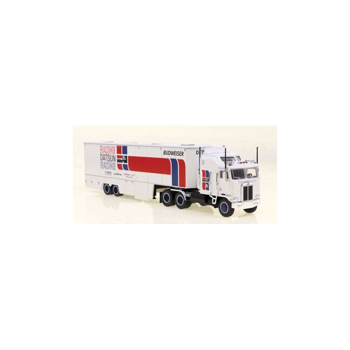 Kenworth K100 Tractor w/Racing Trailer - Assembled -- Datsun Racing (white, red, blue), HO, Brekina Automodelle 85740
