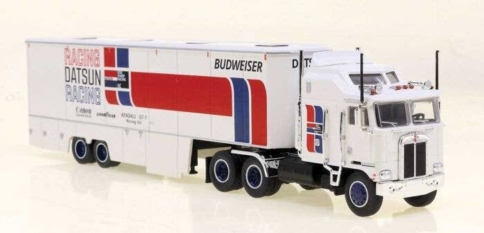 Kenworth K100 Tractor w/Racing Trailer - Assembled -- Datsun Racing (white, red, blue), HO, Brekina Automodelle 85740