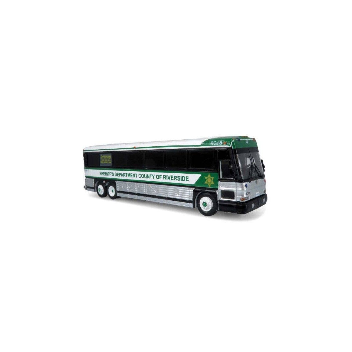 MCI D4000 Coach - Assembled -- Riverside County Sheriff (white, silver, green), HO, Iconic Replicas 870482