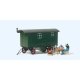 Wood Construction Wagon with 3 Workers on Break at Table - Assembled -- Green Trailer, HO, Preiser Kg 33263