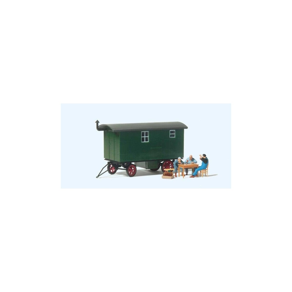 Wood Construction Wagon with 3 Workers on Break at Table - Assembled -- Green Trailer, HO, Preiser Kg 33263