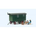 Wood Construction Wagon with 3 Workers on Break at Table - Assembled -- Green Trailer, HO, Preiser Kg 33263