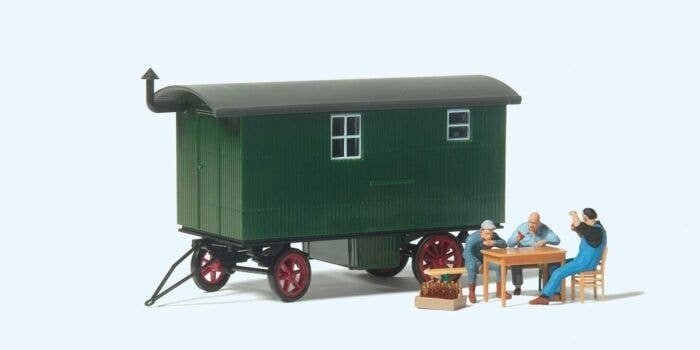 Wood Construction Wagon with 3 Workers on Break at Table - Assembled -- Green Trailer, HO, Preiser Kg 33263