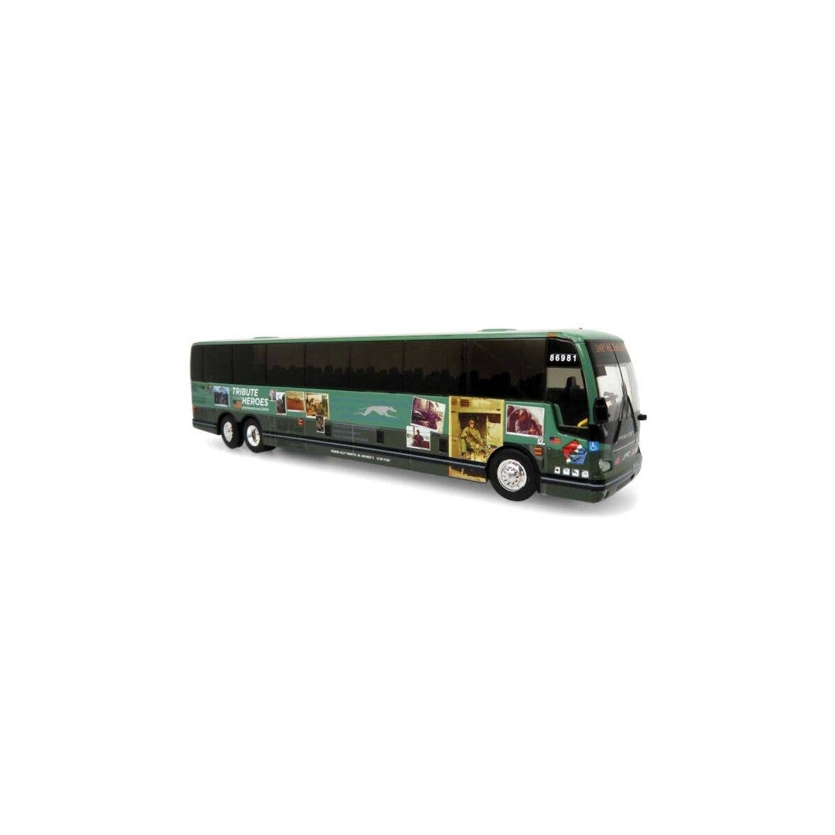 Prevost X345 Motorcoach Bus - Assembled -- Greyhound (Tribute to Heroes Special Scheme, green, , HO, Iconic Replicas 870396