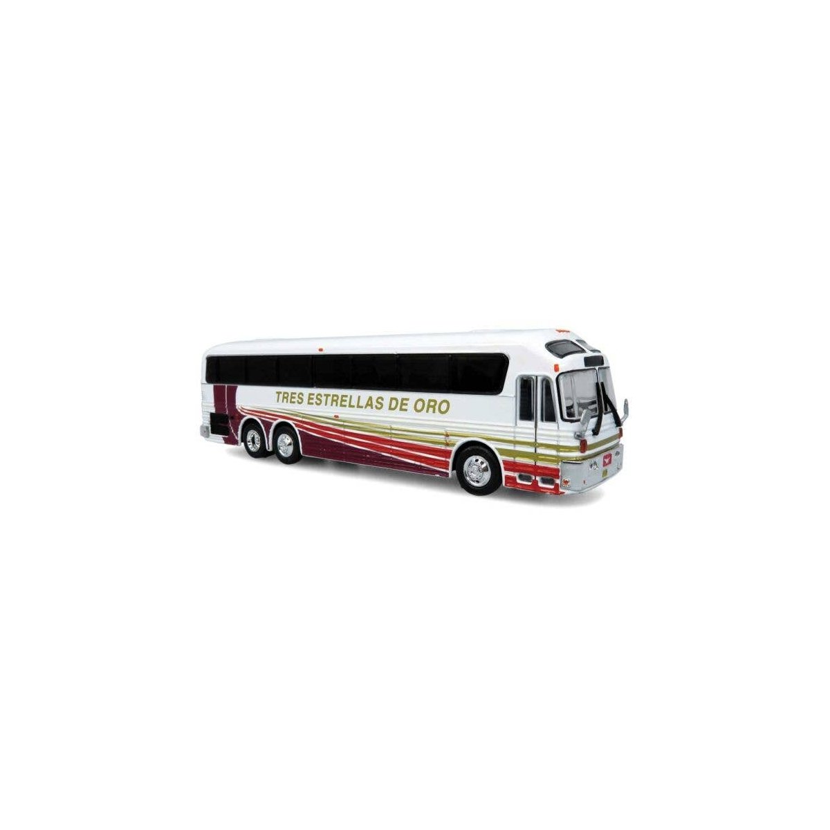 1984 Eagle Model 10 Bus - Assembled -- Tres Estrellas de Oro (white, black, maroon, yellow, Spa, HO, Iconic Replicas 870471