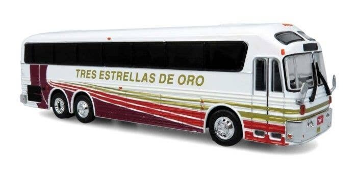 1984 Eagle Model 10 Bus - Assembled -- Tres Estrellas de Oro (white, black, maroon, yellow, Spa, HO, Iconic Replicas 870471